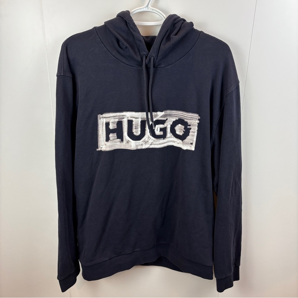 HUGO Boss Navy Blue Logo Hoodie Terry Darribeon Men's XXL Spellout Streetwear
